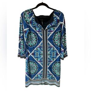 Laundry by Shelli Segal Blue and Black Patterned Long Sleeve Dress